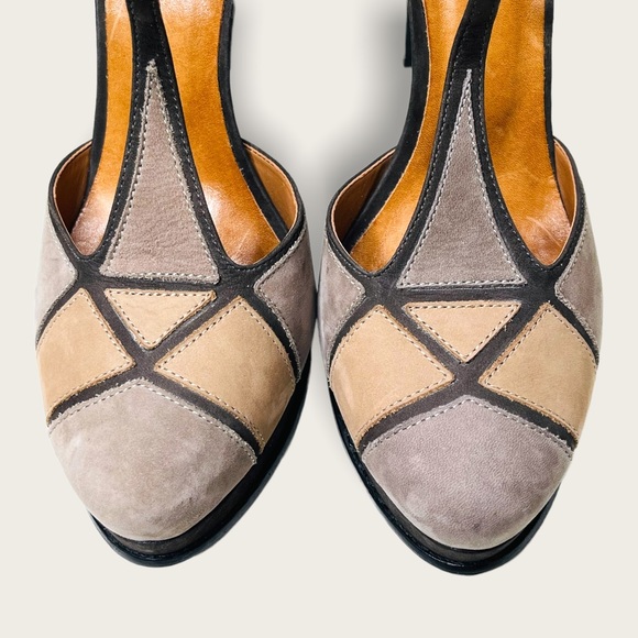 Pañella Grey & Tan T-Strap Retro 70s Platform Heels Size 40/9 - Picture 3 of 12